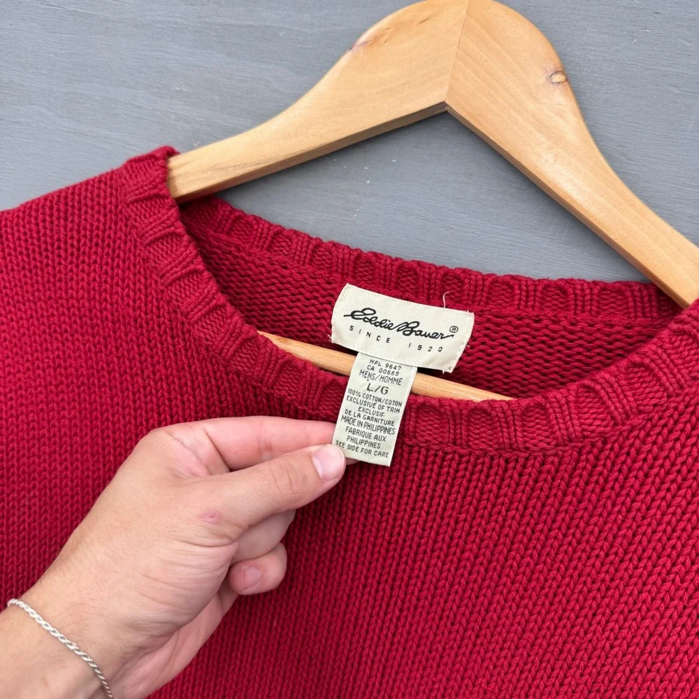 Vintage Eddie Bauer Sweater Red Chunky Cotton Knit Crewneck Pullover Large